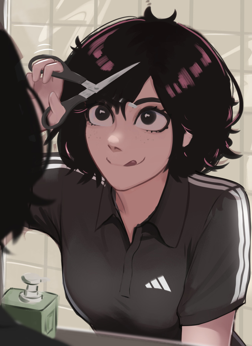 1girl absurdres adidas black_eyes black_shirt brown_hair commentary cutting_hair freckles highres holding holding_scissors mirror original polo_shirt reflection scissors shirt solo striped_clothes striped_shirt tongue tongue_out upper_body veyonis