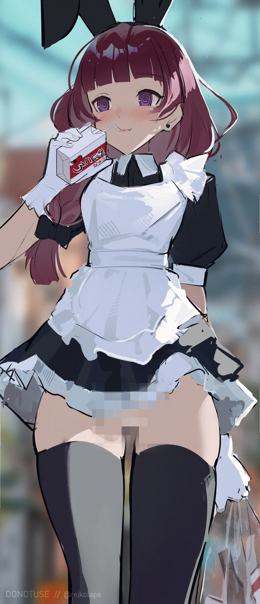 1girl @_@ absurdres alcohol_carton animal_ears apron arm_behind_back bag bendy_straw black_bow black_dress black_thighhighs blunt_bangs blurry blurry_background blush bocchi_the_rock! bow censored closed_mouth commentary_request dress drinking_straw fake_animal_ears fang film_grain gloves hair_bow hand_up highres hiroi_kikuri holding holding_bag holding_carton legs_apart long_hair maid maid_apron mosaic_censoring no_panties plastic_bag puffy_short_sleeves puffy_sleeves purple_eyes rabbit_ears red_hair reiko_lape short_dress short_sleeves skin_fang smile solo standing thighhighs thighs twitter_username white_apron white_gloves