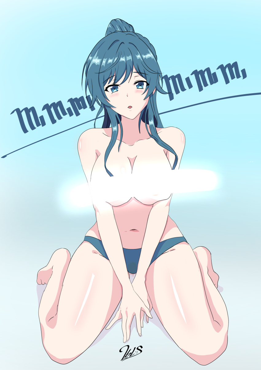 1girl 2bls absurdres blue_eyes blue_hair blush breasts censored highres jaku-chara_tomozaki-kun large_breasts long_hair looking_at_viewer nanami_minami open_mouth ponytail