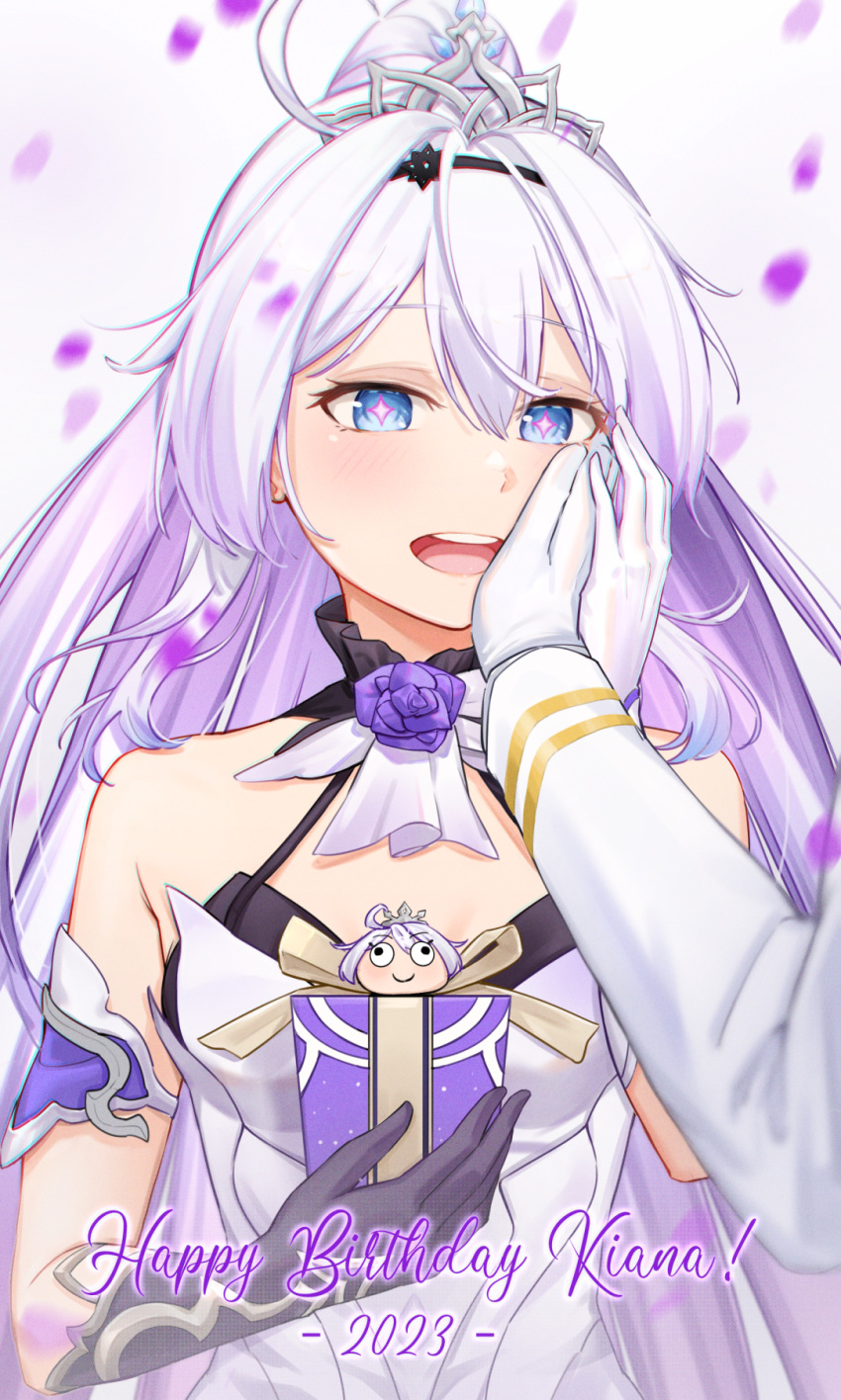 +_+ 1boy 1girl 2023 :d ahoge asymmetrical_gloves black_gloves blue_eyes captain_(honkai_impact) character_name dress english_commentary english_text erit0ri gift gloves hand_on_another's_cheek hand_on_another's_face happy_birthday hetero highres holding holding_gift honkai_(series) honkai_impact_3rd jacket kiana_kaslana kiana_kaslana_(herrscher_of_flamescion) long_hair long_sleeves looking_at_viewer meme mismatched_gloves open_mouth petals ponytail pov pov_hands simple_background smile teeth teri_derp_(meme) tiara upper_body upper_teeth_only very_long_hair white_background white_dress white_gloves white_hair white_jacket