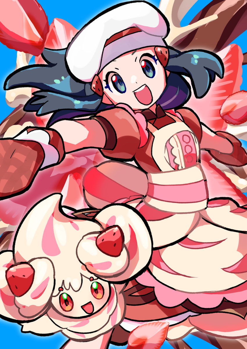 1girl alcremie alcremie_(strawberry_sweet) apron black_hair chef_hat dawn_(palentine's_2021)_(pokemon) dawn_(pokemon) dress eyelashes food food-themed_hair_ornament fruit grey_eyes hair_ornament hairclip hat highres long_hair mittens official_alternate_costume open_mouth oven_mitts pokefia pokemon pokemon_(creature) pokemon_dppt pokemon_masters_ex red_dress red_mittens short_sleeves smile strawberry strawberry_hair_ornament white_headwear