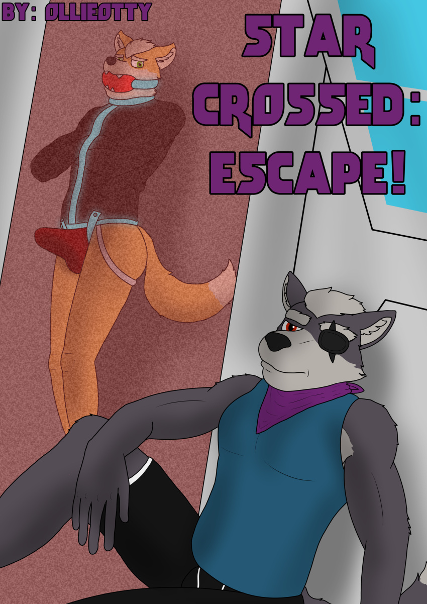 absurd_res anthro ball_gag bandanna bdsm bondage bottomwear bound bulge captured clothed clothing comic cover cover_art cover_page duo erection erection_under_clothing eye_patch eyewear fox_mccloud gag gagging hi_res jockstrap kerchief male male/male nintendo ollieotty prison prisoner restraints science_fiction shirt shorts star_fox straitjacket tank_top topwear underwear wolf_o'donnell