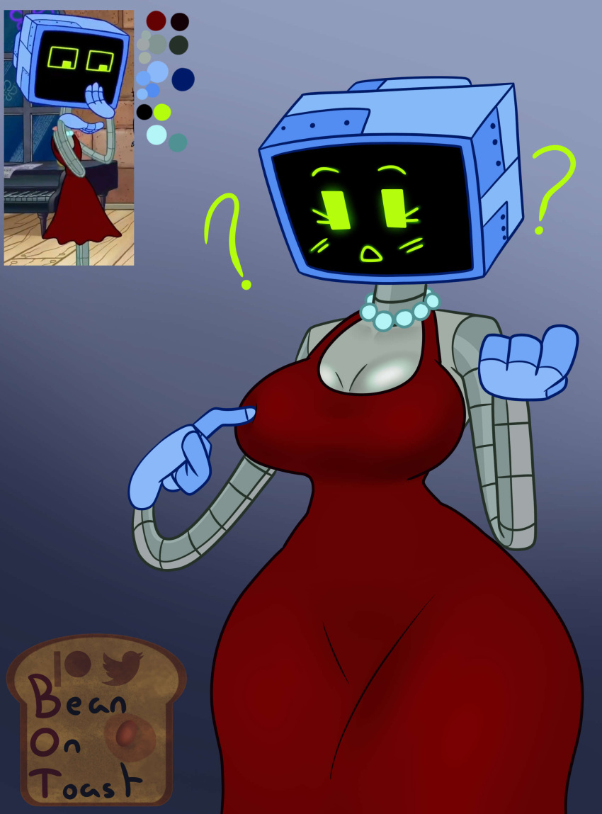 absurd_res artist_name beanontoast big_breasts black_face bread breasts cleavage clothed clothing color_swatch computer confusion curvy_figure dress electronics eyelashes female food gem green_eyes grey_body hi_res humanoid jewelry karen_plankton machine model_sheet necklace nickelodeon not_furry open_mouth pearl_(gem) pearl_necklace poking red_clothing red_dress robot robot_humanoid screen screen_face solo spongebob_squarepants standing thick_thighs toast wide_hips