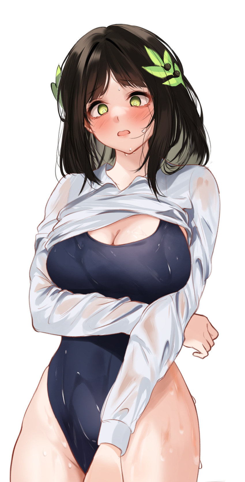 1girl arm_under_breasts black_survival blue_one-piece_swimsuit blush breasts brown_hair charon_(duddnd2361) cleavage clothes_lift collared_shirt commentary_request cowboy_shot eternal_return:_black_survival green_eyes gweon_sua hair_ornament highleg highleg_swimsuit highres korean_commentary large_breasts leaf_hair_ornament long_hair long_sleeves one-piece_swimsuit open_mouth shirt shirt_lift simple_background solo sweat swimsuit white_background white_shirt