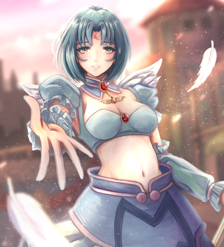 .hack// 1girl angel_wings blue_bra blue_hair blue_skirt blue_sleeves blurry blurry_background blush bob_cut bra breasts brooch brown_eyes city cleavage commentary depth_of_field detached_collar detached_sleeves dusk facial_mark feathered_wings feathers foreshortening highres jewelry light_particles medium_breasts midriff mononoke-matsuri navel parted_bangs parted_lips pink_sky puffy_short_sleeves puffy_sleeves reaching reaching_towards_viewer short_hair short_sleeves skirt sky smile solo spread_fingers standing subaru_(.hack//) sunset underwear upper_body white_feathers white_wings wings