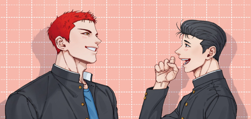 168broccoli 2boys black_eyes black_hair blush eye_contact from_side gakuran highres looking_at_another male_focus mito_youhei multiple_boys pink_background pompadour profile red_hair sakuragi_hanamichi school_uniform shadow short_hair slam_dunk_(series) smile upper_body yaoi yellow_eyes