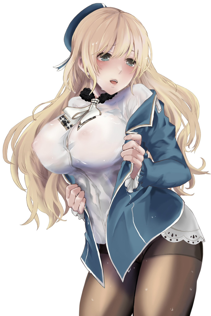 1girl ascot asyuri atago_(kancolle) beret black_pantyhose blonde_hair blue_headwear blue_jacket breasts collared_shirt cowboy_shot dress_shirt facing_viewer green_eyes hat highres jacket kantai_collection large_breasts long_hair looking_to_the_side military_uniform no_pants pantyhose shirt simple_background solo thighband_pantyhose uniform white_ascot white_background white_shirt