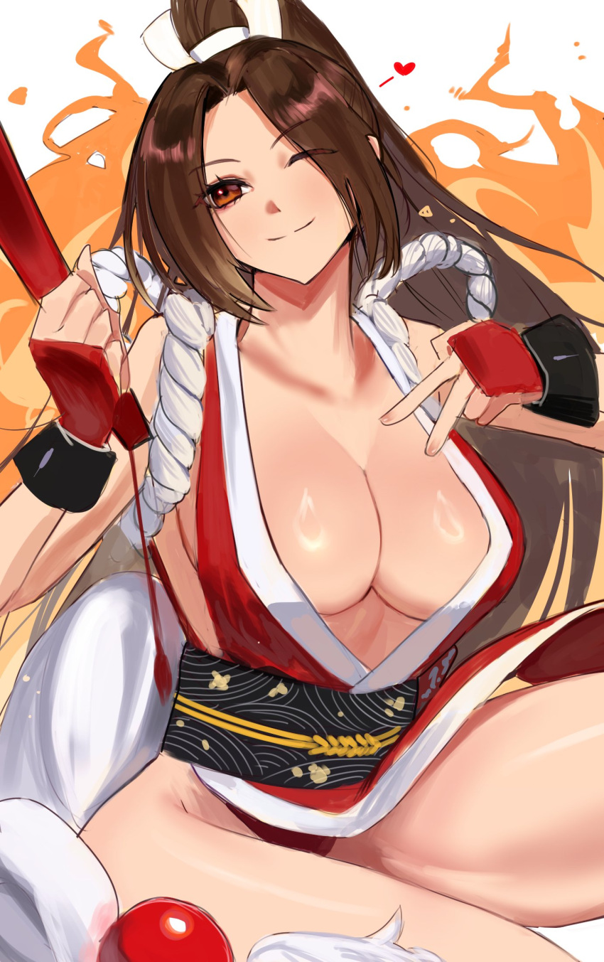 1girl blush breasts brown_hair cleavage dan_koflove fatal_fury fire hair_ribbon hand_fan heart highres holding holding_fan large_breasts ninja one_eye_closed ribbon shiranui_mai smile solo the_king_of_fighters white_background white_ribbon