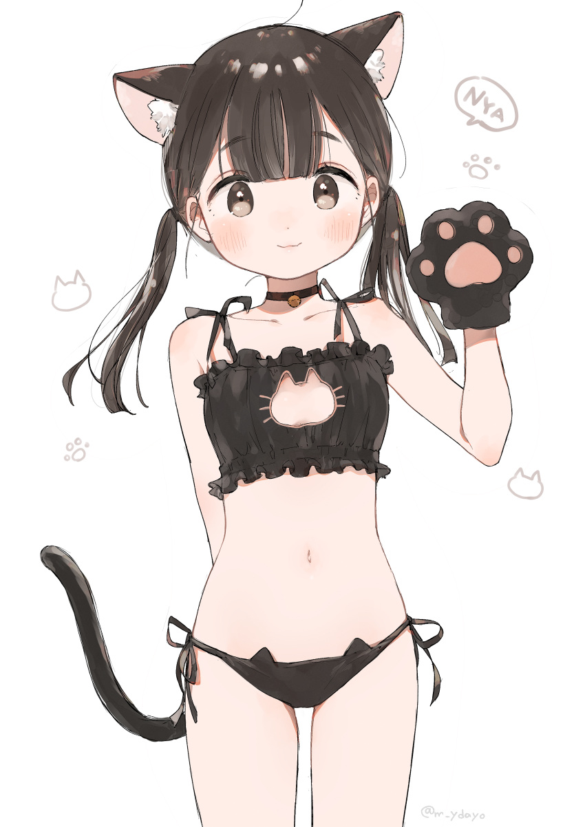 1girl :3 absurdres animal_ear_fluff animal_ears animal_hands animal_print arm_behind_back artist_name bare_arms bare_shoulders bell black_bra black_choker black_eyes black_hair black_panties blunt_bangs bra cat_ears cat_lingerie cat_panties cat_print cat_tail choker collarbone commentary cowboy_shot dot_nose flat_chest frilled_bra frills gloves hand_up highres jingle_bell light_blush lingerie long_hair looking_at_viewer m_ydayo meme_attire navel neck_bell nyan original panties paw_gloves print_panties side-tie_panties simple_background smile solo stomach tail twintails twitter_username underwear underwear_only white_background