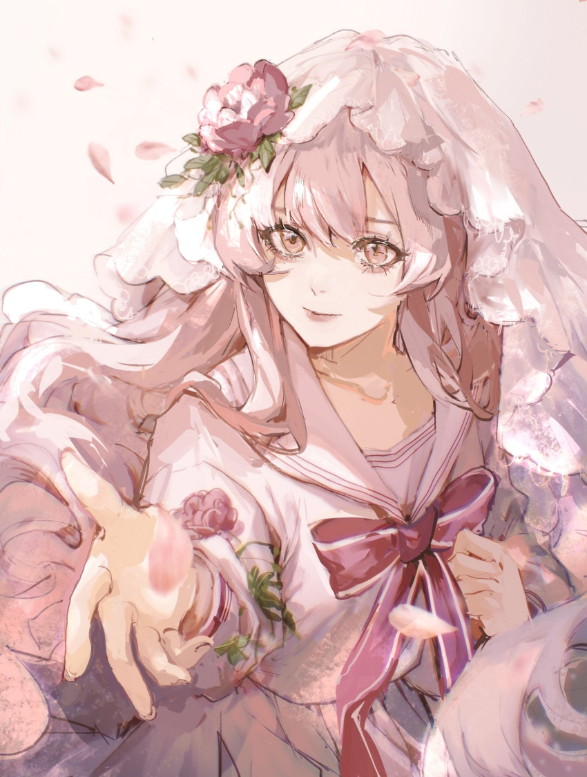 1girl arcaea beckoning bow bowtie chinese_commentary clenched_hand closed_mouth collarbone collared_shirt commentary_request cowboy_shot elico79068549 eyelashes flower hat hat_flower highres hikari_(arcaea) hikari_(zero)_(arcaea) leaf long_hair long_sleeves looking_at_viewer outstretched_hand petals pink_eyes pink_flower pink_hair pleated_skirt red_bow red_bowtie red_lips sailor_collar school_uniform serafuku shirt simple_background skirt smile solo very_long_hair wavy_hair white_background white_sailor_collar white_serafuku white_shirt white_skirt white_sleeves white_veil