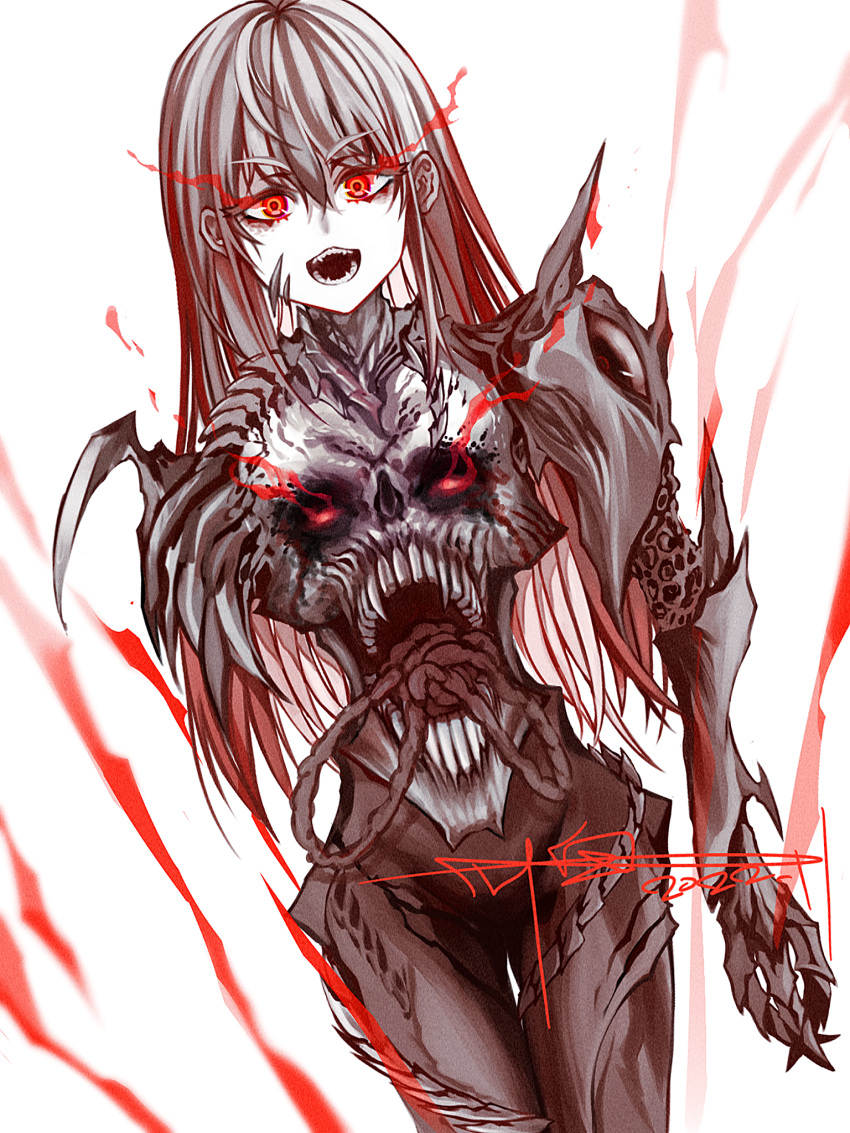 1girl amputee chest_mouth claws extra_eyes extra_faces extra_mouth eye_trail glowing glowing_eyes highres intestines light_trail long_hair monster_girl open_mouth original red_eyes science_fiction sharp_teeth signature solo spot_color standing teeth th_whitespace