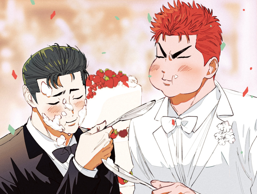 2boys black_hair black_suit blush bow bowtie cake cake_slice closed_eyes confetti corsage couple eating feeding food food_on_face highres holding holding_spoon husband_and_husband male_focus mito_youhei multiple_boys nongdon pompadour red_hair sakuragi_hanamichi short_hair slam_dunk_(series) spoon suit wedding white_suit yaoi