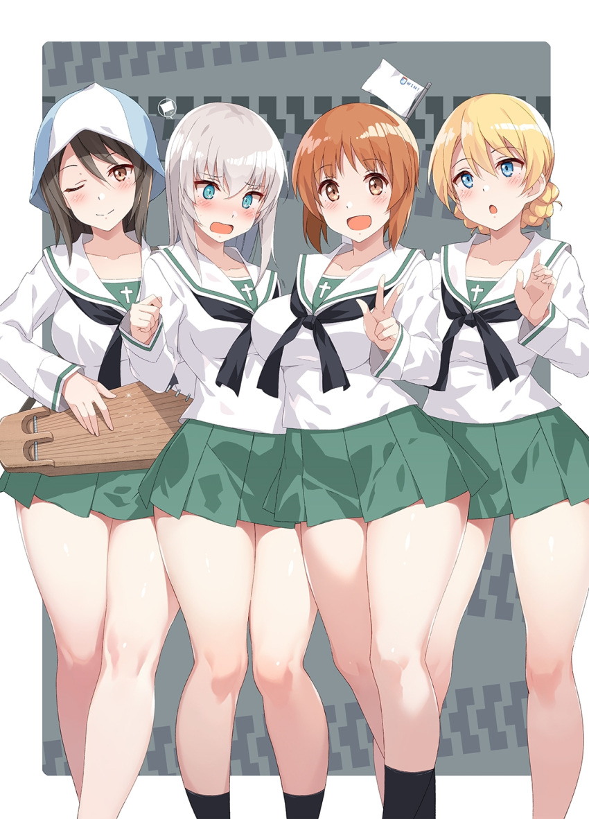 4girls blonde_hair blue_eyes blush braid breasts brown_eyes brown_hair closed_mouth darjeeling_(girls_und_panzer) french_braid girls_und_panzer green_skirt highres holding holding_instrument instrument itsumi_erika kantele large_breasts looking_at_viewer mika_(girls_und_panzer) miniskirt multiple_girls nakamura_yukitoshi nishizumi_miho one_eye_closed ooarai_school_uniform open_mouth school_uniform short_hair skirt tulip_hat w white_hair