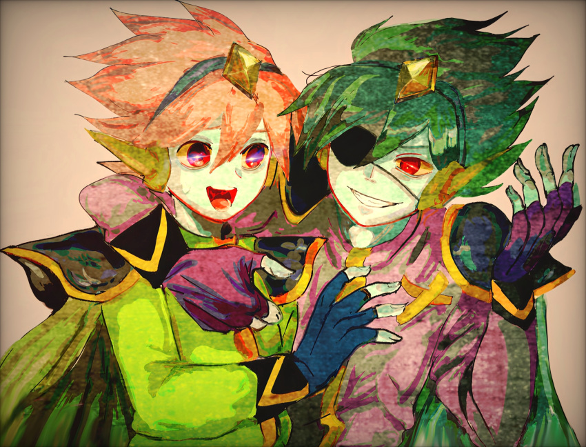 2boys aqua_headband black_gloves cape captain_spaceboy colored_skin dual_persona elbow_on_another's_shoulder eyepatch gem_(symbol) gloves green_hair green_shirt green_skin grin hair_between_eyes highres long_sleeves multiple_boys omori one_eye_covered open_mouth partially_fingerless_gloves pink_shirt red_eyes red_hair shirt smile sweatdrop user_sama3827