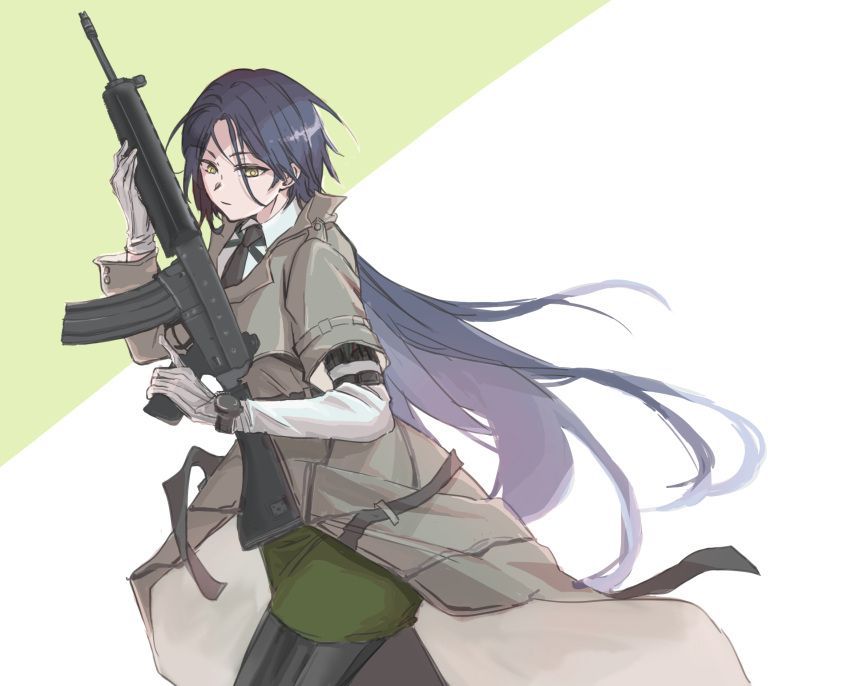 1girl ar-18 ar-18_(girls'_frontline) black_hair black_necktie closed_mouth girls'_frontline gloves grey_jacket highres jacket long_hair looking_at_object masako_(user_thnr3538) mechanical_legs necktie shirt simple_background watch white_gloves white_shirt yellow_eyes