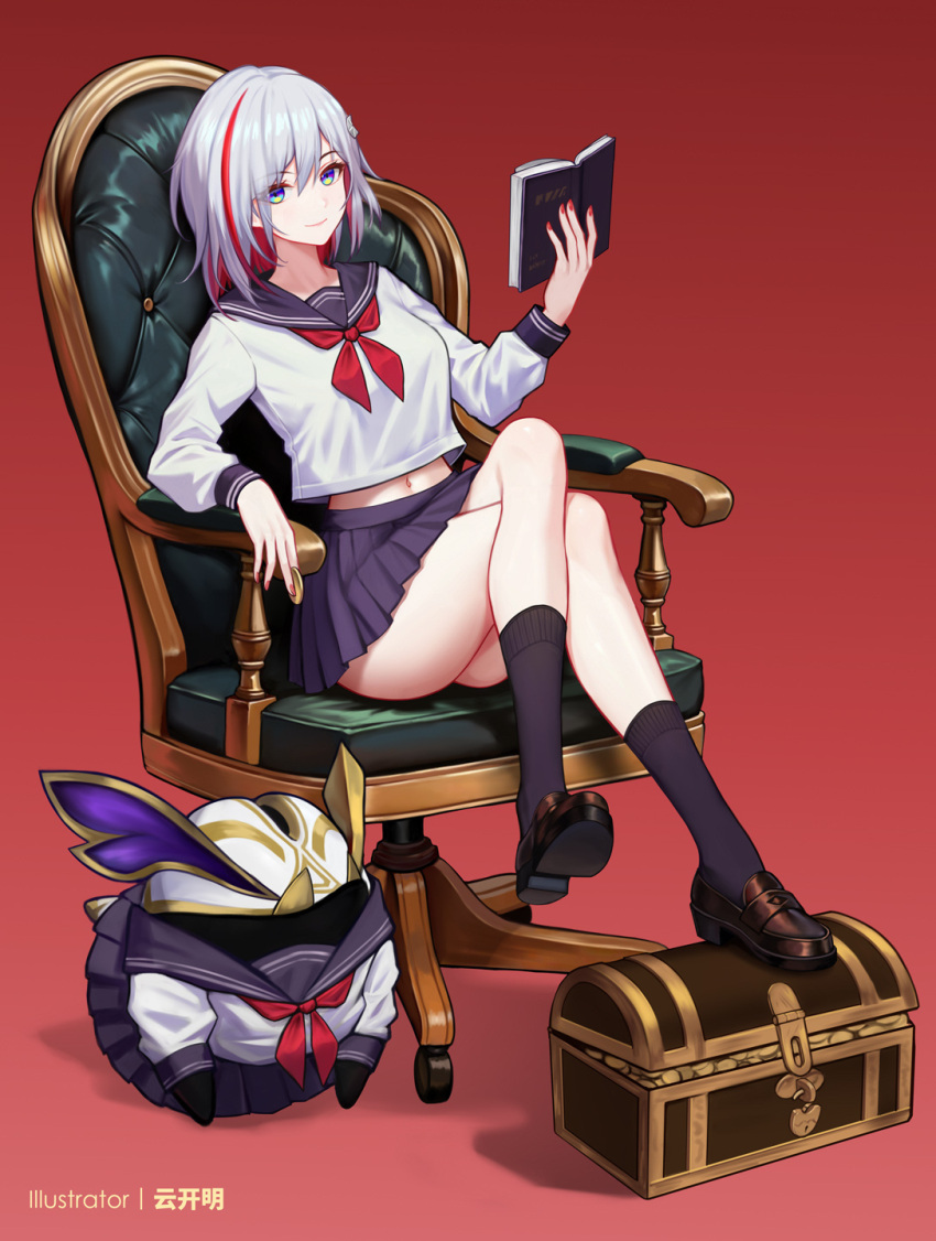 1girl alternate_costume black_skirt black_socks blue_eyes book breasts brown_footwear chair closed_mouth commentary_request crop_top crop_top_overhang crossed_legs hand_up highres holding holding_book honkai:_star_rail honkai_(series) kneehighs loafers long_sleeves looking_at_viewer medium_breasts midriff miniskirt multicolored_hair navel neckerchief numby_(honkai:_star_rail) office_chair open_book pleated_skirt red_background sailor_collar school_uniform serafuku shirt shoes short_hair simple_background sitting skirt smile socks solo stomach streaked_hair swivel_chair thighs topaz_(honkai:_star_rail) treasure_chest trotter_(honkai:_star_rail) underwear white_hair white_shirt yunkaiming