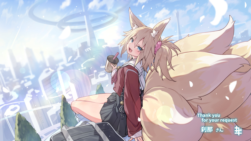 1girl :d animal_ears bag black_dress blue_eyes blue_sky building cloud cloudy_sky commission cup day disposable_cup dress drinking_straw fang fox_ears fox_girl fox_tail hair_between_eyes holding holding_cup kazana_(sakuto) kitsune kneehighs long_sleeves loose_socks original outdoors pleated_dress puffy_long_sleeves puffy_sleeves red_shirt sailor_collar school_bag shirt sitting skeb_commission sky sleeves_past_wrists smile socks solo tail thank_you tower white_sailor_collar white_socks