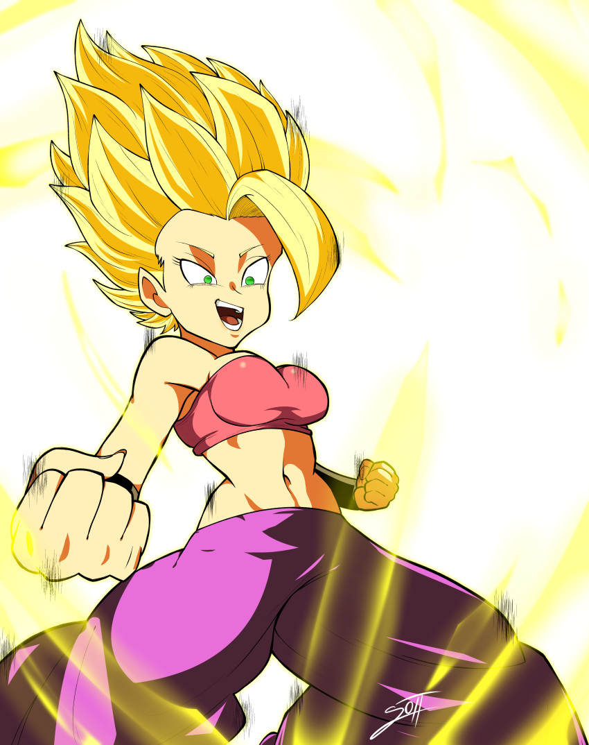 1girl absurdres baggy_pants blonde_hair breasts caulifla dragon_ball dragon_ball_super green_eyes highres midriff navel pants simple_background solo sottart spiked_hair super_saiyan white_background