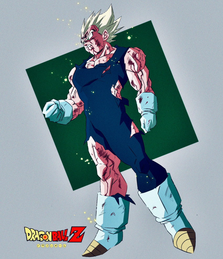 1boy battle_damage blonde_hair blood blood_on_face blue_bodysuit bodysuit boots clenched_hand collarbone copyright_name dragon_ball dragon_ball_z dutch_angle full_body gloves highres injury light_particles majin_vegeta male_focus muscular muscular_male oharu2000 serious simple_background sleeveless solo super_saiyan super_saiyan_2 torn_bodysuit torn_cloth torn_clothes vegeta veins white_gloves widow's_peak