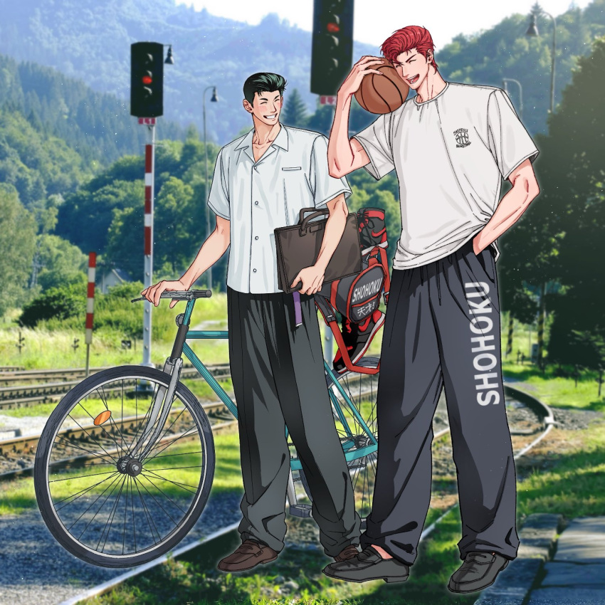 168broccoli 2boys ball basketball_(object) bicycle black_hair blush closed_eyes day full_body hand_in_pocket highres holding holding_ball male_focus mito_youhei multiple_boys outdoors photo_background pompadour railroad_tracks red_hair sakuragi_hanamichi short_hair slam_dunk_(series) smile