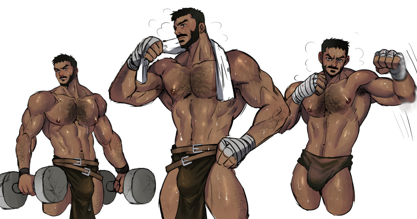 1boy abs bandaged_hand bandages beard black_hair brown_hair bulge castlevania:_nocturne castlevania_(series) clenched_hands cropped_jacket dark-skinned_male dark_skin dumbbell facial_hair full_beard hairy highres jackray85674939 large_pectorals male_focus mature_male mizrak_(castlevania) muscular muscular_male navel navel_hair nipples pectorals pelvic_curtain punching short_hair sparse_arm_hair sparse_leg_hair sparse_navel_hair standing stomach sweat thick_chest_hair thick_eyebrows thick_mustache thick_thighs thighs topless_male very_short_hair very_sweaty