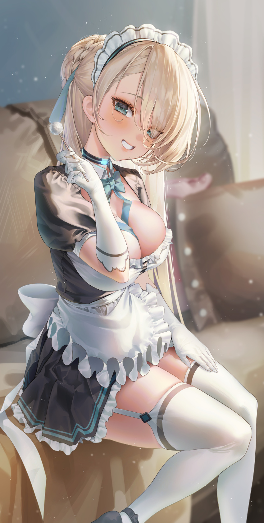 1girl absurdres apron asuna_(blue_archive) black_choker black_dress blue_archive blue_eyes blush breasts choker cleavage commentary dance_arm detached_collar dress frilled_apron frilled_dress frills garter_straps gloves grin highres large_breasts light_brown_hair long_hair looking_at_viewer maid maid_headdress puffy_short_sleeves puffy_sleeves short_sleeves sitting smile solo thighhighs white_apron white_gloves white_thighhighs