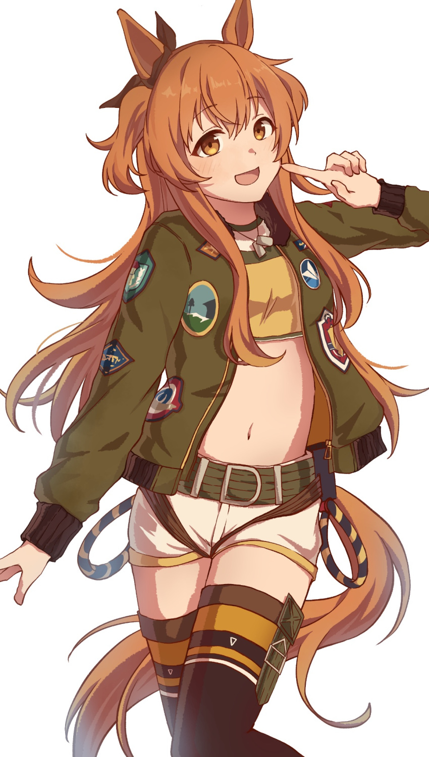 1girl :d badge belt black_ribbon black_thighhighs breasts brown_eyes brown_hair crop_top ear_ribbon green_belt green_jacket hand_up highres horse_girl index_finger_raised jacket jewelry long_hair long_sleeves looking_at_viewer masayan_0904 mayano_top_gun_(umamusume) navel open_mouth pendant ribbon shorts sidelocks simple_background small_breasts smile solo standing thighhighs two_side_up umamusume white_background white_shorts