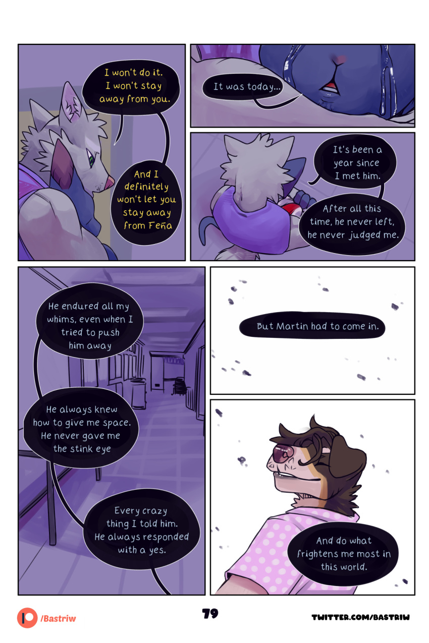 bastriw canid canine canis clothing comic dialogue domestic_cat domestic_dog felid feline felis fernando_(bastriw) green_eyes hi_res hospital male mammal nico_(bastriw) pato_(bastriw) purple_eyes sad wolf