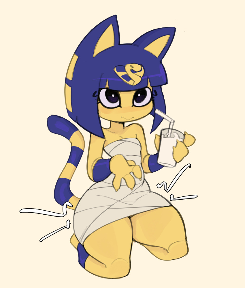 2024 absurd_res animal_crossing ankha_(animal_crossing) anthro blue_eyes blue_hair blush bob_cut bottomwear breasts claws clothing container cup dkajart drinking_glass drinking_straw felid feline female fur glass glass_container glass_cup hair hi_res kneeling mammal markings milk nintendo pupils short_hair simple_background skirt small_breasts smile solo striped_markings striped_tail stripes tail tail_markings thick_thighs uraeus white_pupils wide_hips yellow_background yellow_body yellow_fur