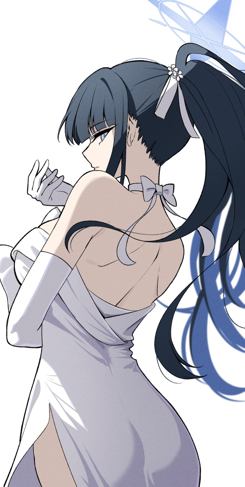 1girl absurdres ass backless_dress backless_outfit bare_shoulders black_hair blue_archive blue_halo bow bowtie breasts colored_inner_hair commentary cowboy_shot dio_brando's_pose_(jojo) dress elbow_gloves from_behind gloves halo high_ponytail highres jojo_pose large_breasts long_hair looking_at_viewer multicolored_hair official_alternate_costume ponytail reia_76 saori_(blue_archive) side_slit standing strapless strapless_dress white_background white_dress white_gloves
