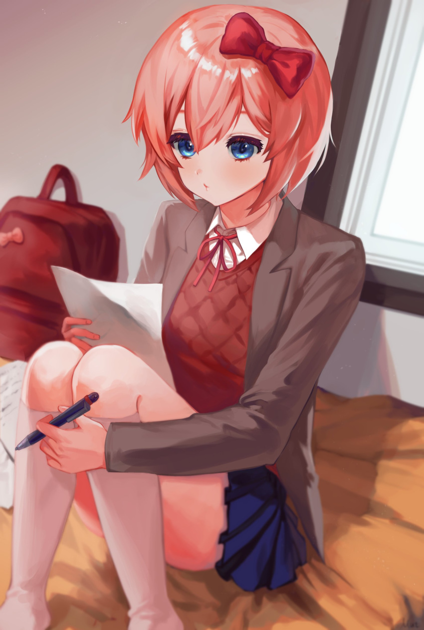 absurdres backpack bag bed_sheet blazer blue_eyes blue_skirt bow bowtie breasts brown_jacket brown_sweater_vest closed_mouth collared_shirt commentary doki_doki_literature_club dress_shirt feet_out_of_frame hair_between_eyes hair_bow highres holding holding_paper holding_pencil jacket kneehighs knees_up light_blush looking_at_object mechanical_pencil mutchang043 neck_ribbon no_shoes on_bed open_clothes open_jacket paper pencil pink_hair pleated_skirt pursed_lips red_bag red_bow red_bowtie red_ribbon ribbon sayori_(doki_doki_literature_club) school_uniform shirt short_hair sitting skirt small_breasts socks sweater_vest white_shirt white_socks window writing