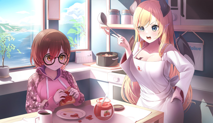 2girls absurdres apron blonde_hair blue_eyes brown_eyes brown_hair coffee_cup cup demon_girl demon_horns demon_wings disposable_cup future_cake glasses hand_on_own_hip heart heart_tattoo highres holding holding_spatula hololive hood hoodie horns jam long_hair multiple_girls official_alternate_costume open_mouth pink_hoodie pointy_ears roboco-san roboco-san_(hoodie) short_hair spatula tattoo teardrop-framed_glasses teeth upper_teeth_only virtual_youtuber white_apron winged_heart_tattoo wings yuzuki_choco