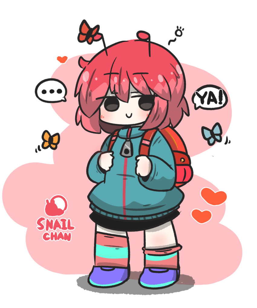 1girl animal antennae backpack bag black_skirt blue_jacket blush bug butterfly chibi closed_mouth commentary_request full_body grey_eyes hair_between_eyes heart highres jacket long_sleeves looking_at_viewer multicolored_hair original pink_hair puffy_long_sleeves puffy_sleeves purple_footwear red_hair shoes skirt smile solo standing striped_clothes striped_thighhighs thighhighs two-tone_hair uni_souchou