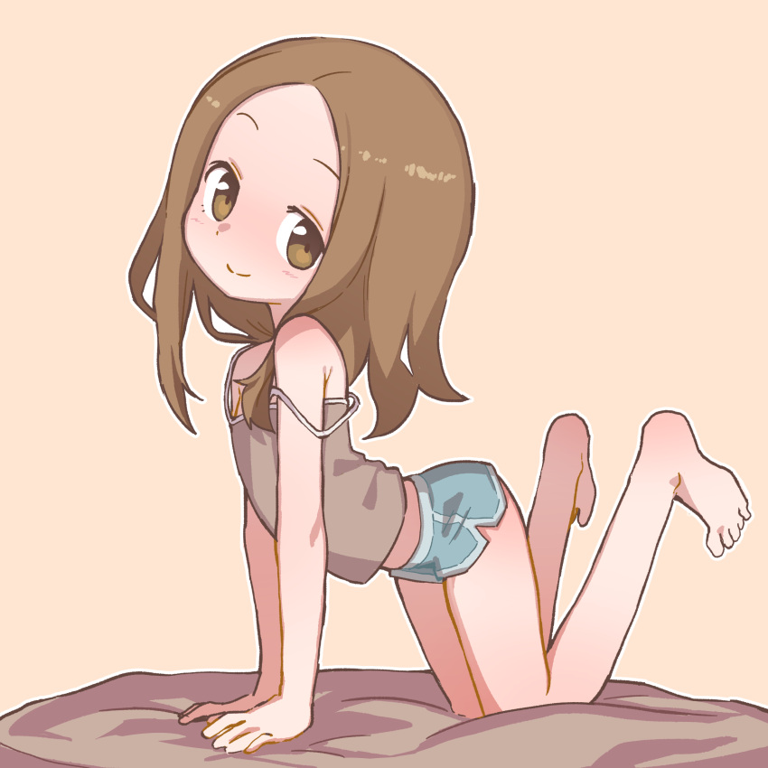 1girl absurdres all_fours bare_arms bare_legs bare_shoulders barefoot bed_sheet blue_shorts brown_camisole brown_eyes brown_hair camisole closed_mouth dolphin_shorts flat_chest forehead from_side full_body highres karakai_jouzu_no_takagi-san looking_at_viewer looking_to_the_side medium_hair midriff_peek orenji_(wholesomeorenji) short_shorts shorts simple_background smile solo spaghetti_strap strap_slip takagi-san tareme