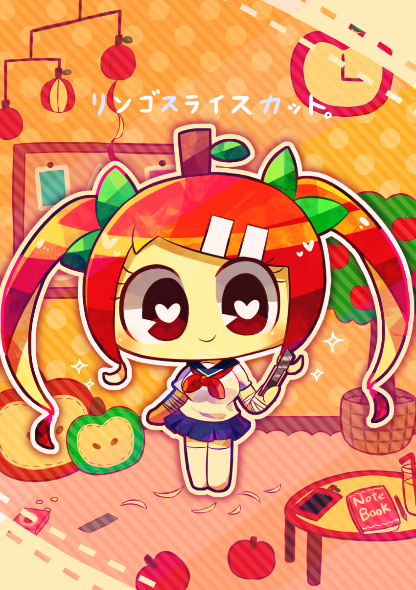 1girl apple bandaged_arm bandages blonde_hair blue_sailor_collar blue_skirt boxcutter breasts bright_pupils chibi chibi_only clock closed_mouth colored_inner_hair colored_skin drink drinking_straw food fruit hair_ornament heart heart-shaped_pupils highres holding_boxcutter leaf_hair_ornament long_hair looking_at_viewer multicolored_hair neckerchief no_shoes notebook original pen pepoyo phone red_eyes red_hair red_neckerchief ririno-chan sailor_collar school_uniform shirt short_sleeves skirt smile solo swept_bangs symbol-shaped_pupils table thighhighs twintails white_pupils white_shirt white_thighhighs yellow_skin