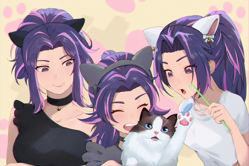 3girls aged_down animal_ears black_choker black_dress boku_no_hero_academia cat cat_day cat_ears cat_teaser choker commentary_request dress fake_animal_ears highres lady_nagant matsumotoshinnnosuke multicolored_hair multiple_girls pink_hair ponytail purple_hair ragdoll_(cat) shirt streaked_hair time_paradox whiskers white_shirt