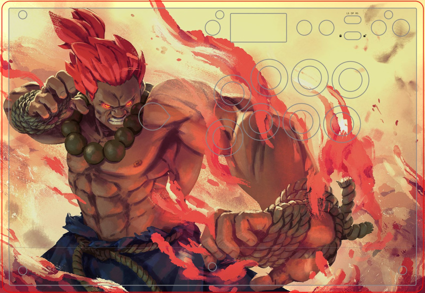 1boy abs akuma_(street_fighter) beads cowboy_shot dark-skinned_male dark_skin dougi fire heyjay incoming_attack male_focus navel nipples prayer_beads pyrokinesis red_eyes red_hair solo standing street_fighter thick_eyebrows topless_male