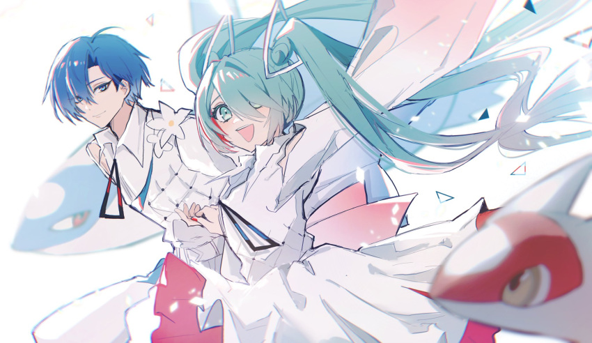 1boy 1girl aqua_eyes aqua_hair arm_up blue_eyes blue_hair dress eyelashes flower hair_ornament hatsune_miku highres holding_hands kaito_(vocaloid) latias latios libertyp long_hair open_mouth pokemon pokemon_(creature) project_voltage red_nails short_hair smile teeth twintails upper_teeth_only vocaloid