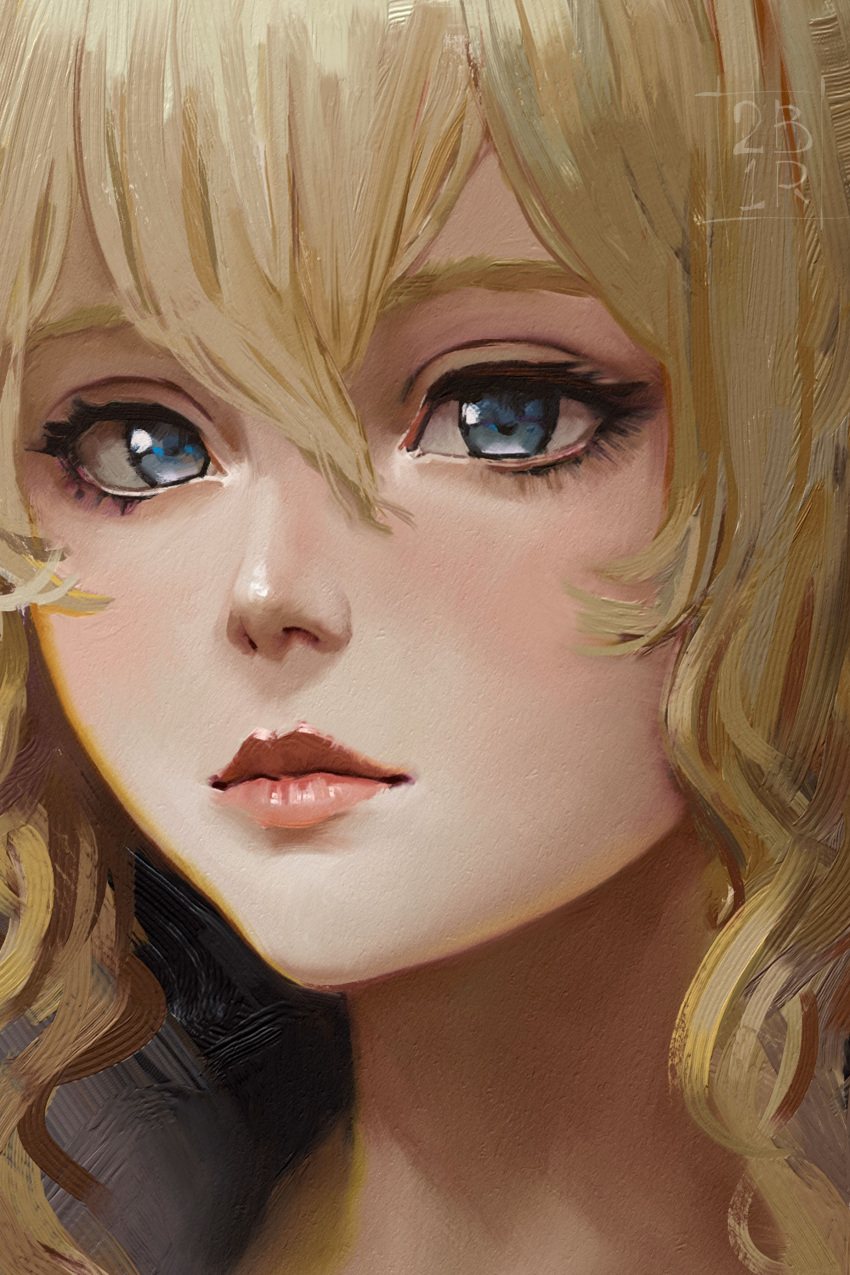 1girl absurdres blonde_hair blush close-up expressionless faux_traditional_media genshin_impact hair_between_eyes highres jean_(genshin_impact) looking_at_viewer portrait ravine_bells rebelle_(medium) solo