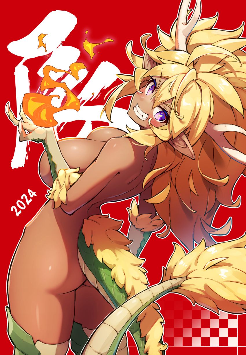 2024 absurd_res animal_humanoid big_breasts blonde_hair blush breasts butt chinese_zodiac claws dark_body dark_skin dragon dragon_humanoid female fire grin hair hi_res horn humanoid humanoid_pointy_ears long_hair looking_at_viewer looking_back mythological_creature mythological_scalie mythology purple_eyes scales scalie side_boob smile solo tail text thick_thighs unknown_artist year_of_the_dragon