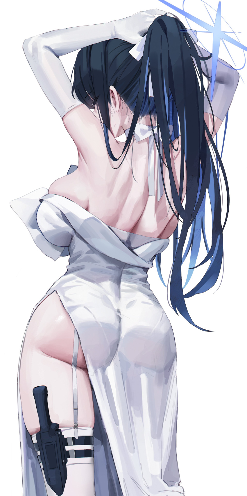 1girl absurdres adjusting_hair ass bare_shoulders black_hair blue_archive blue_hair blue_halo breasts closed_eyes colored_inner_hair commentary dress elbow_gloves from_behind garter_straps gloves gompang_11 hair_ribbon halo highres large_breasts long_hair multicolored_hair ponytail ribbon saori_(blue_archive) saori_(dress)_(blue_archive) simple_background solo thighhighs two-tone_hair white_background white_dress white_garter_straps white_gloves white_ribbon white_thighhighs