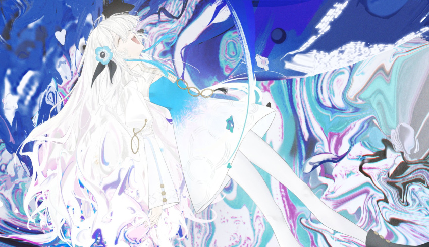 1girl abstract_background blue_dress blue_flower blue_hair boots closed_eyes dress floating flower hair_flower hair_ornament highres isekai_joucho jiyeeey kamitsubaki_studio long_hair multicolored_hair open_mouth pantyhose smile solo two-tone_dress two-tone_hair very_long_hair virtual_youtuber white_dress white_hair white_pantyhose