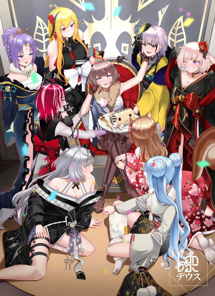 6+girls absurdres ahoge airani_iofifteen airani_iofifteen_(1st_costume) animal_ears anya_melfissa anya_melfissa_(new_year) arms_behind_head artist_logo ayunda_risu ayunda_risu_(new_year) back_bow bell belt birthday black_choker black_gloves black_hair black_headwear black_kimono black_ribbon black_sash blonde_hair blue_eyes blue_hair boots bow breasts brown_belt brown_footwear brown_gloves brown_hair candle chest_sarashi choker cleavage closed_eyes closed_mouth colored_inner_hair colored_skin commission confetti crossed_legs double_bun fingerless_gloves floral_print_kimono flower fur_scarf gloves green_nails grey_kimono grey_skin hair_bun hair_ribbon hat highres holding holding_party_popper hololive hololive_indonesia japanese_clothes kaela_kovalskia kaela_kovalskia_(new_year) kimono knife kobo_kanaeru kobo_kanaeru_(new_year) kureiji_ollie kureiji_ollie_(new_year) landacdeus long_hair moona_hoshinova moona_hoshinova_(new_year) multicolored_hair multiple_girls neck_bell obi one_eye_closed open_mouth orange_hair party_hat party_popper pavolia_reine pavolia_reine_(new_year) peacock_feathers pink_hair pink_kimono purple_eyes purple_hair red_bow red_eyes red_flower red_gloves red_tassel ribbon sarashi sash side_slit sitting smile socks squirrel_ears squirrel_girl squirrel_tail star_(symbol) streaked_hair tail thigh_boots thigh_strap two-tone_gloves vestia_zeta vestia_zeta_(new_year) white_bow white_socks yellow_kimono zombie