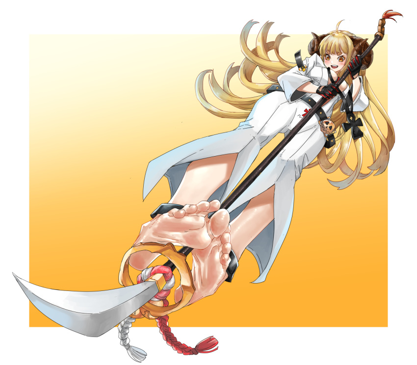 1girl anila_(granblue_fantasy) ankh_necklace barefoot belt black_gloves blonde_hair blush bodysuit border breasts cleavage cosplay eiji_(eiji) feet front_slit gloves granblue_fantasy granblue_fantasy_versus:_rising guilty_gear guilty_gear_strive highres holding holding_polearm holding_weapon horns jack-o'_valentine jack-o'_valentine_(cosplay) large_breasts long_hair open_mouth polearm sheep_girl sheep_horns solo spear weapon white_bodysuit white_border