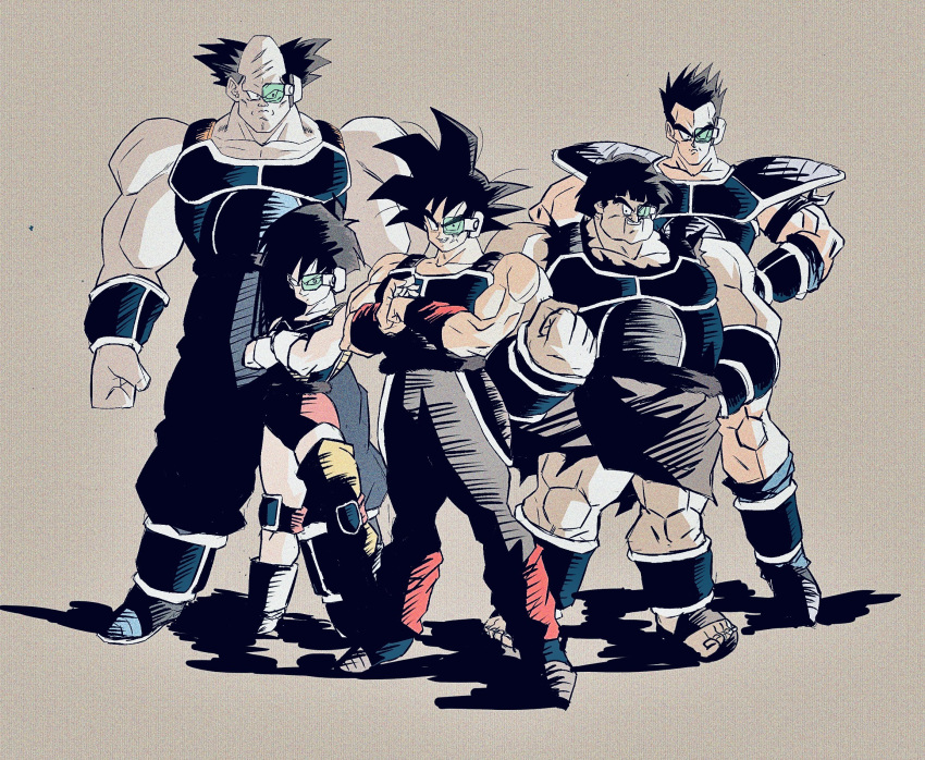 1girl 4boys armband balding bardock black_eyes black_hair boots bracer clenched_hand collarbone cracking_knuckles cross_scar crossed_arms dragon_ball dragon_ball_z facial_hair hands_on_own_hips highres leotard looking_at_viewer monkey_tail multiple_boys muscular muscular_male mustache oharu2000 panbukin_(dragon_ball) saiyan saiyan_armor scar scar_on_cheek scar_on_face scar_on_head scouter seripa shaded_face sleeveless spiked_hair standing tail tail_around_waist toma_(dragon_ball) toriyama_akira_(style) toteppo