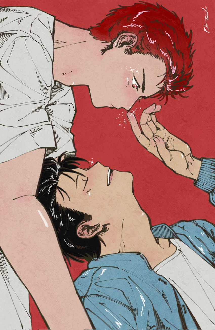 2boys black_hair blush closed_eyes couple devian_aquarius from_side highres looking_down male_focus mito_youhei multiple_boys poking_nose pompadour profile red_background red_eyes red_hair sakuragi_hanamichi simple_background slam_dunk_(series) smile upper_body yaoi