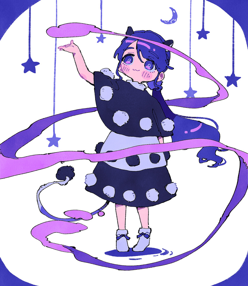 1girl :3 animal_ears black_capelet black_dress blush border capelet closed_mouth colored_smoke commentary_request crescent_moon doremy_sweet dress full_body grey_dress hand_up highres low_ponytail magic moon nama_udon no_headwear object_floating_above_hand pink_eyes pom_pom_(clothes) purple_border purple_eyes purple_hair raised_eyebrows shoes solo standing star_(symbol) tail tapir_ears touhou two-tone_dress two-tone_eyes white_background