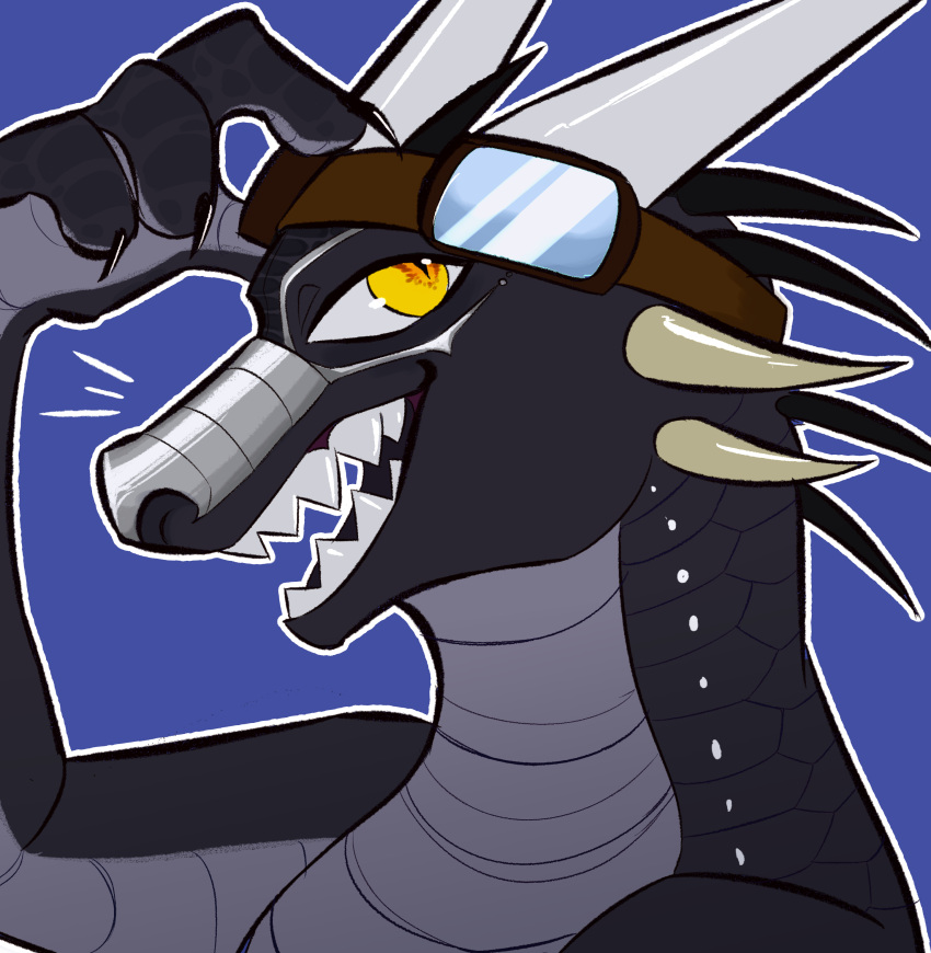 absurd_res anthro black_body black_scales claws dragon eyewear goggles hi_res horn male metal_plates moujiiz mythological_creature mythological_scalie mythology scales scalie simple_background solo white_body white_scales yellow_eyes