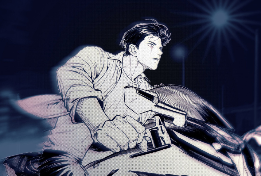 168broccoli 1boy blue_theme cowboy_shot driving highres lamppost loose_hair_strand male_focus mito_youhei monochrome motor_vehicle motorcycle night on_motorcycle outdoors pompadour slam_dunk_(series) solo