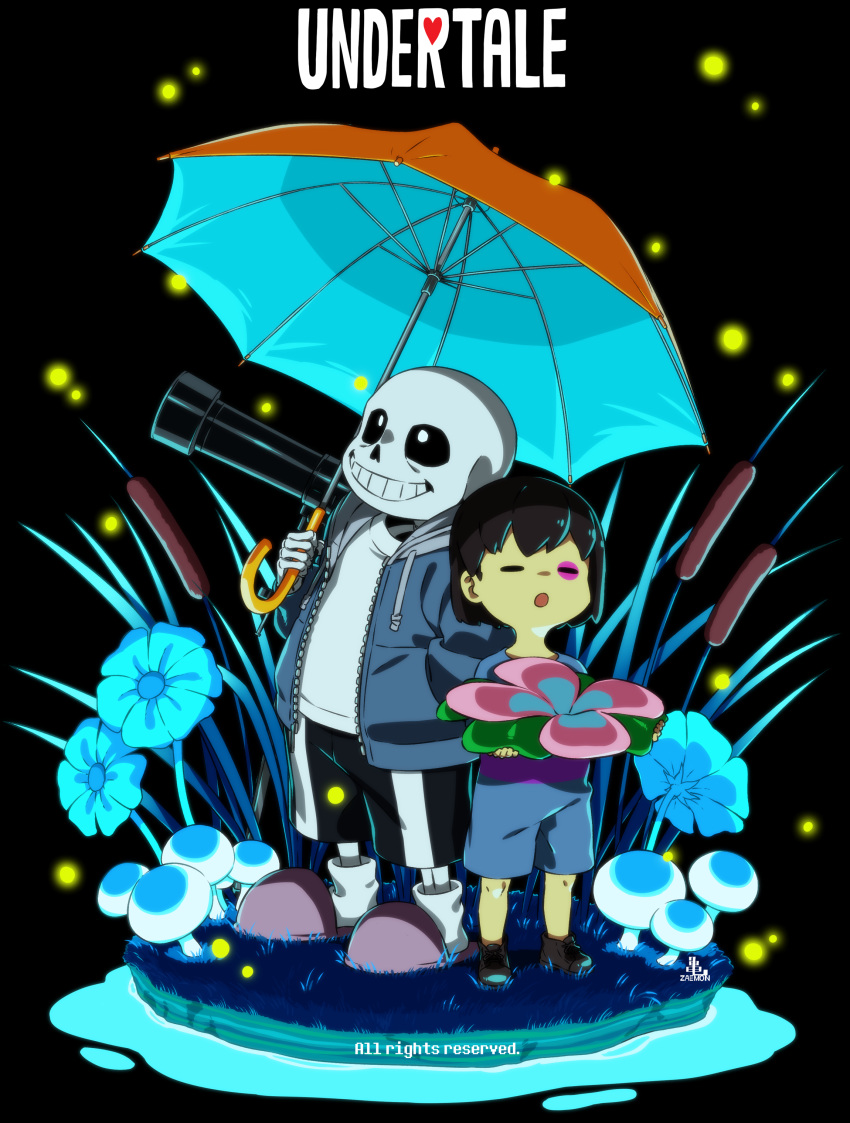 1boy 1other :o =_= absurdres androgynous black_background black_hair black_sclera black_shorts blue_flower blue_jacket brown_footwear cel_shading child closed_eyes colored_sclera commentary copyright_name drawstring facepaint flower frisk_(undertale) full_body grass grin hand_in_pocket highres holding holding_flower holding_umbrella hood hood_down hooded_jacket jacket kamezaemon light_particles looking_up mushroom open_mouth outdoors pink_footwear romper sans shirt shoes short_hair shorts simple_background skeleton slippers smile socks standing telescope umbrella undertale white_eyes white_shirt white_socks